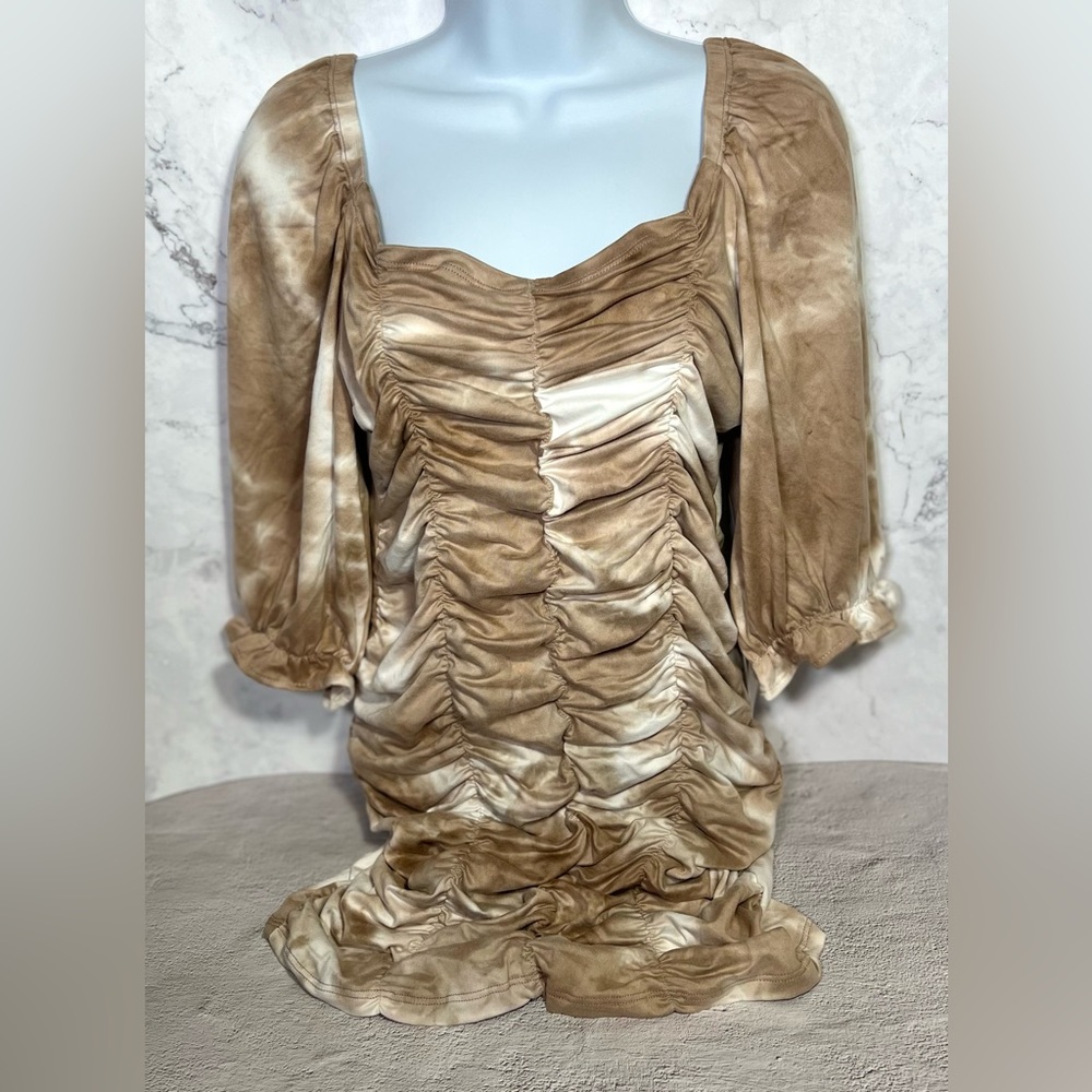 Elegant Tan Ruched Mini Dress